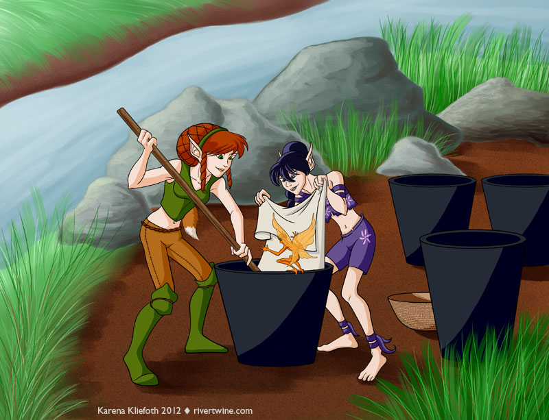 Foxtail & Fadestar dye cloth while Gurgleflap directs (July/Aug 2012 art trade)