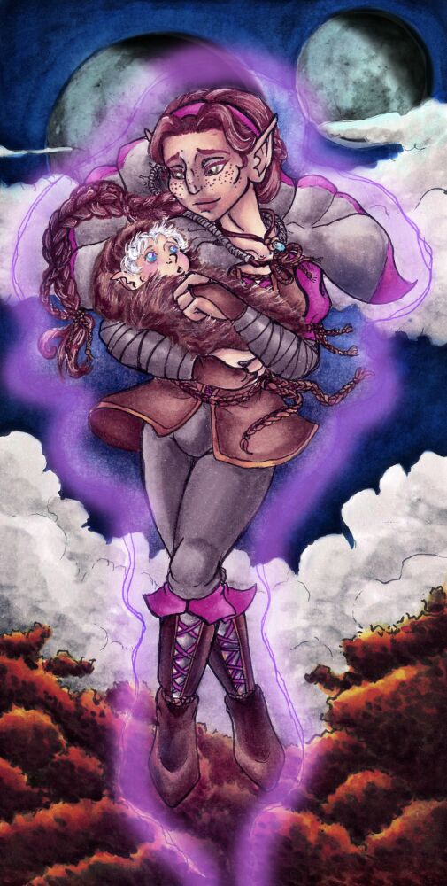 Kestrel takes baby Newt for a flight (Illo for 