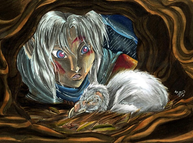 Newt finds an owl chick (illo for 