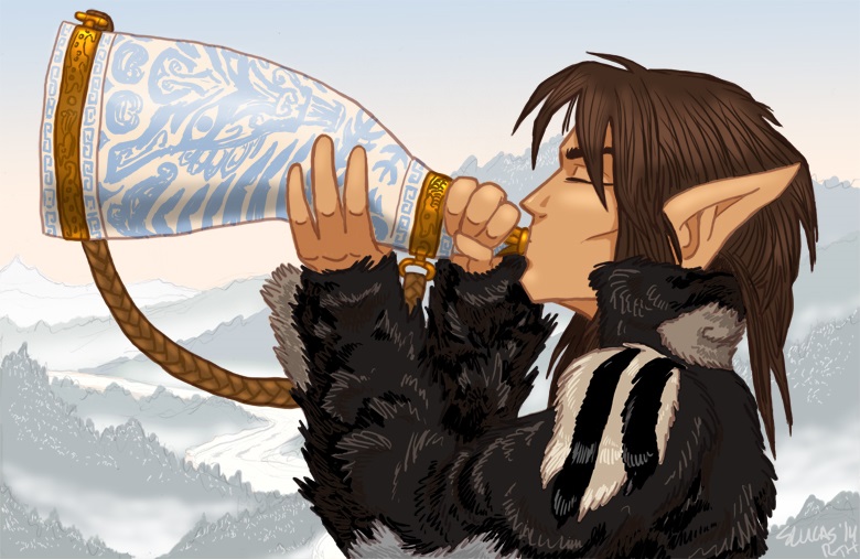 Notch blows the Fierce Ones' horn (illustration for Gathering Storm p6)